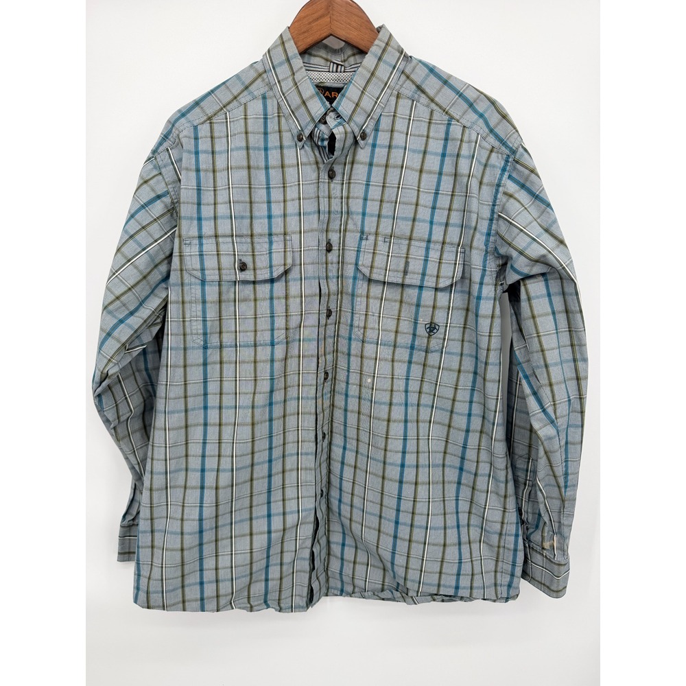 Ariat Pro Series Shirt Mens Large Blue Plaid Good Condition Button Up 10008383